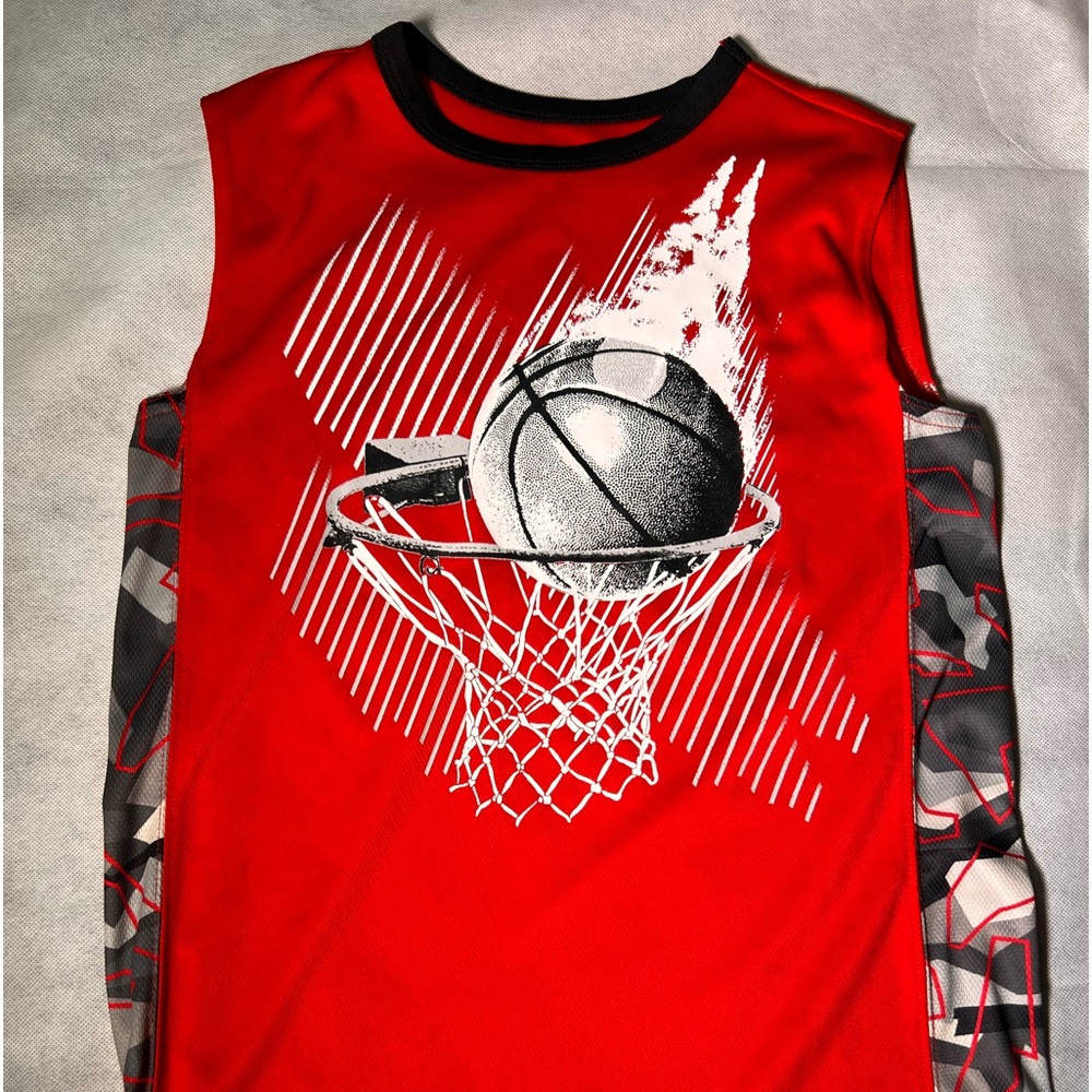 Boys Red Tank Top With Grey Basketball Design
